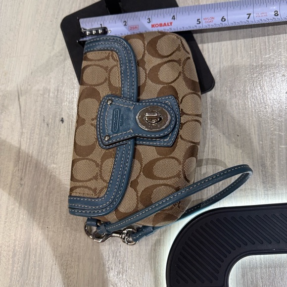 Coach Legacy Turn Lock Monogram Wristlet in Tan and Blue